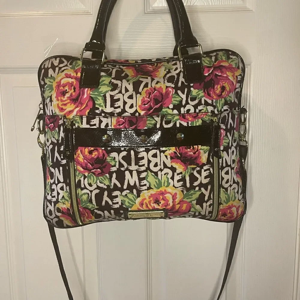Betsey Johnson Nylon colorful large laptop shoulder bag black patent trim &strap - Picture 4 of 14